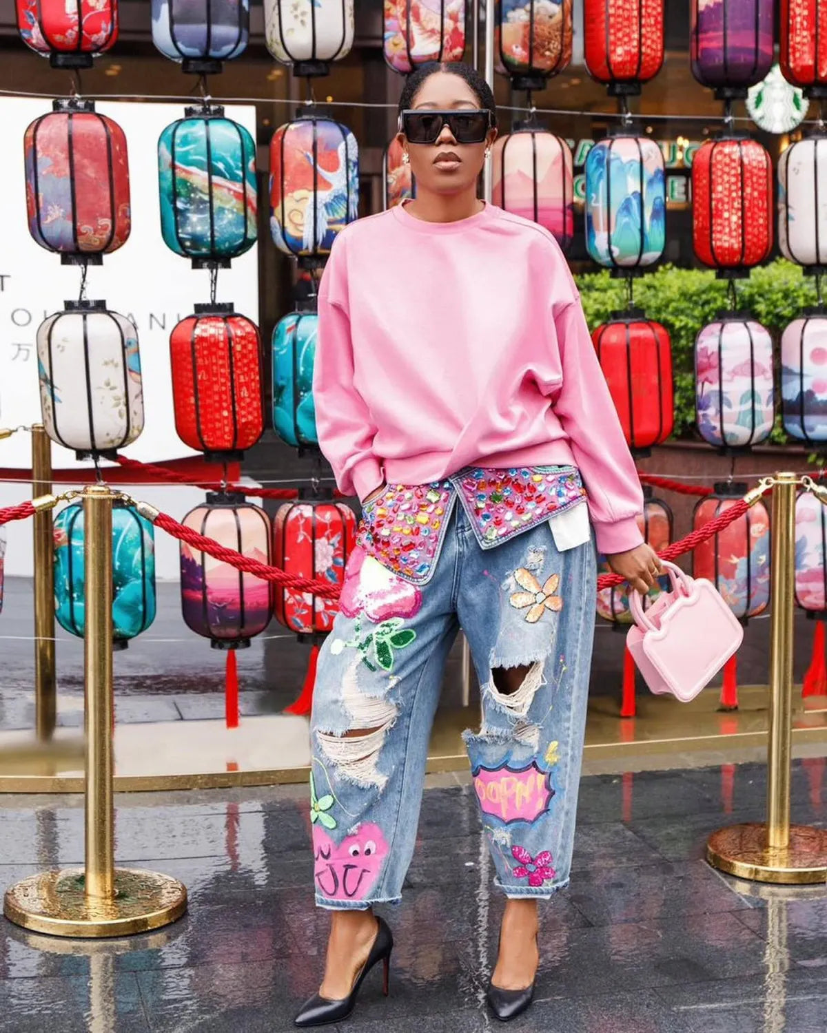 Fashion Hot Drilling Printed Ripped Jeans