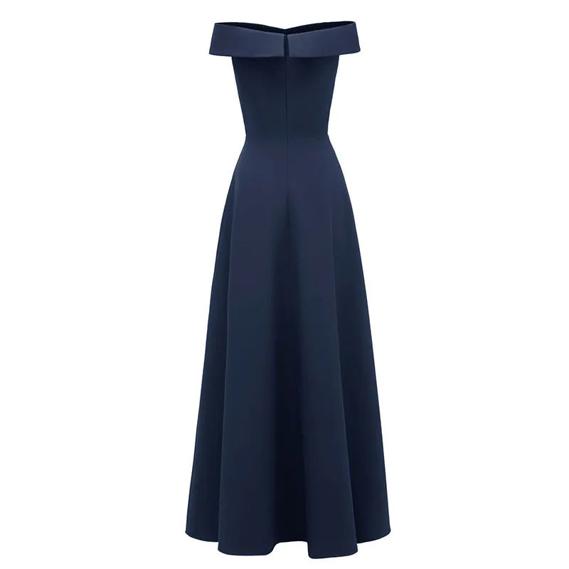 Satin V Neck Off Shoulder Maxi Bridesmaid Dress