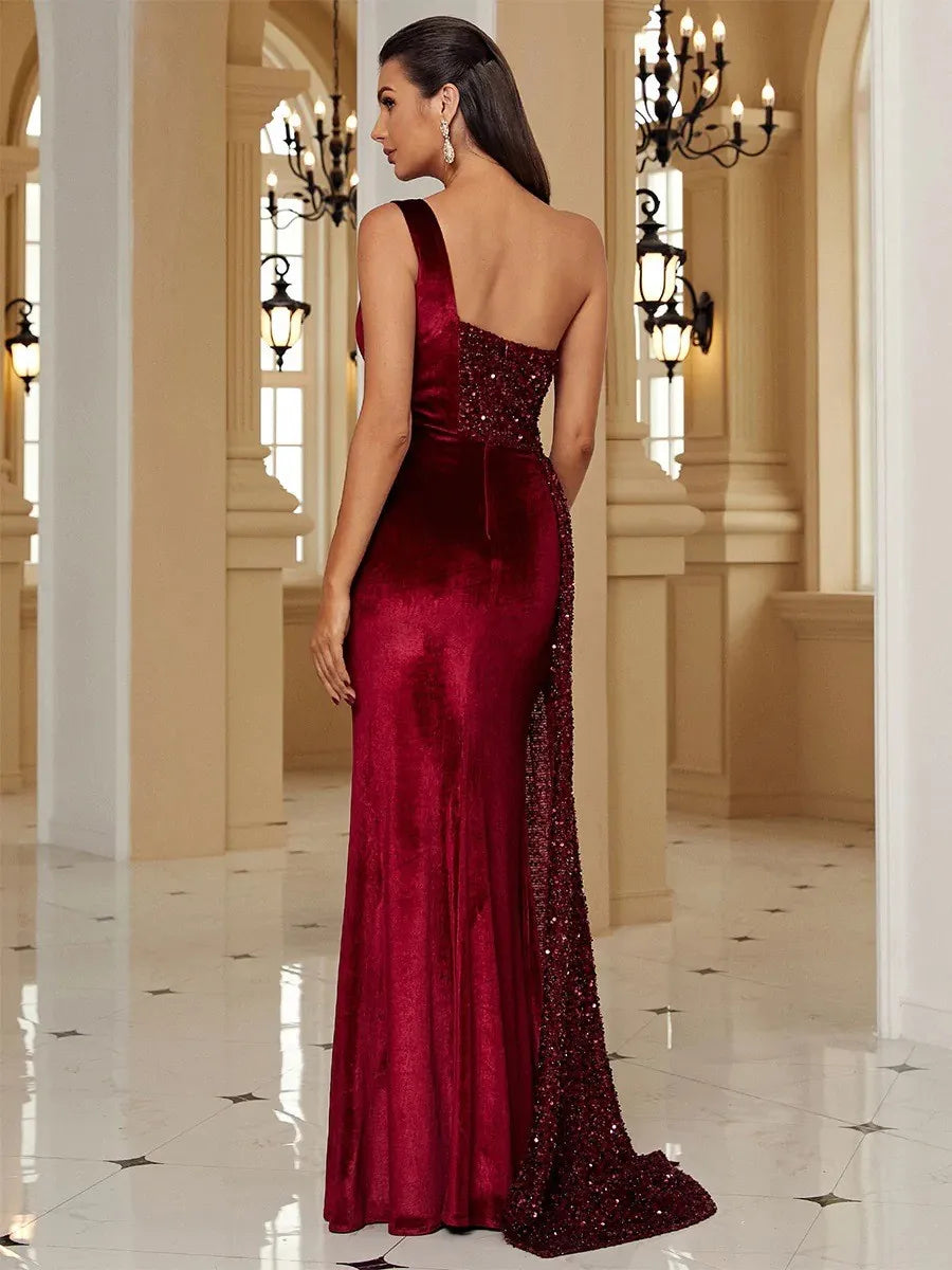 Women’s Formal One Shoulder Sequin Velvet Prom Maxi Dress, Sleeveless Split Thigh Mermaid Evening Gown