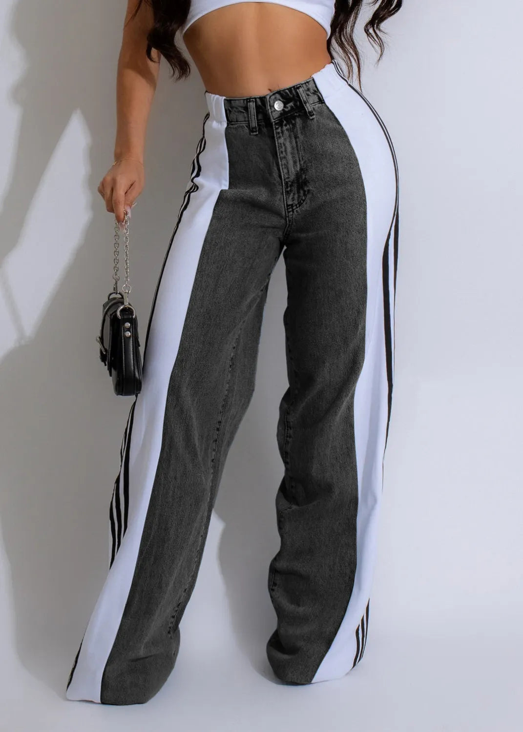 Stripe Splicing Jeans Denim High Waisted Button Straight Trousers
