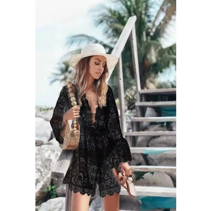 Nuvix Summer Cover-up V-neck Sunscreen Shirt Lace Beach Dresses