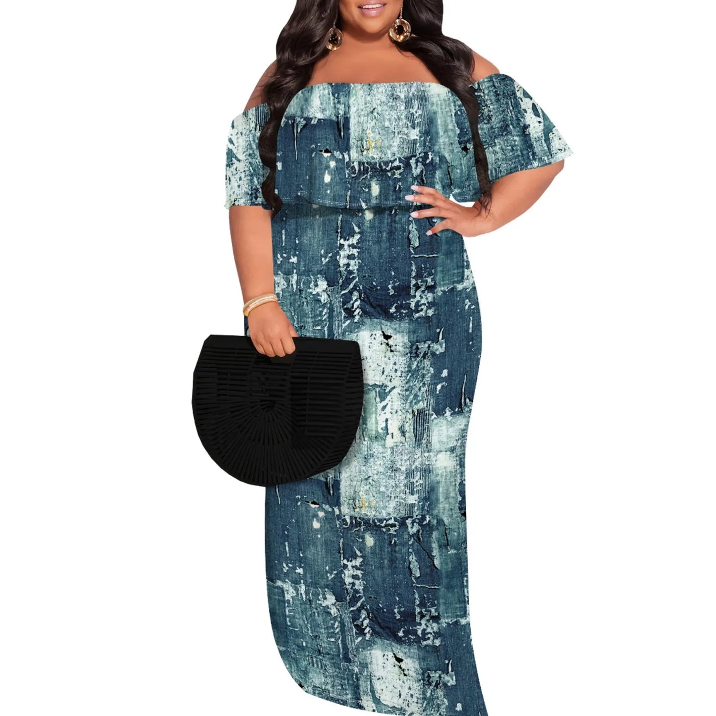 Casual Print Off Shoulder Plus Size Maxi Dress