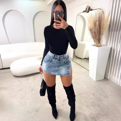 Solid Color Irregular Denim Skirt
