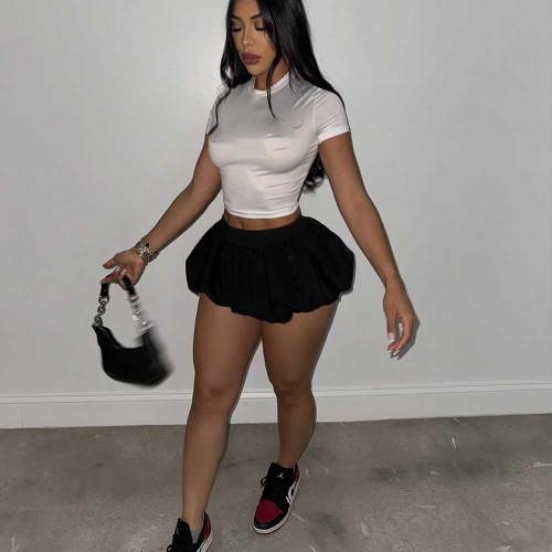 Solid Color Elastic Bubble Mini Pleated Skirt