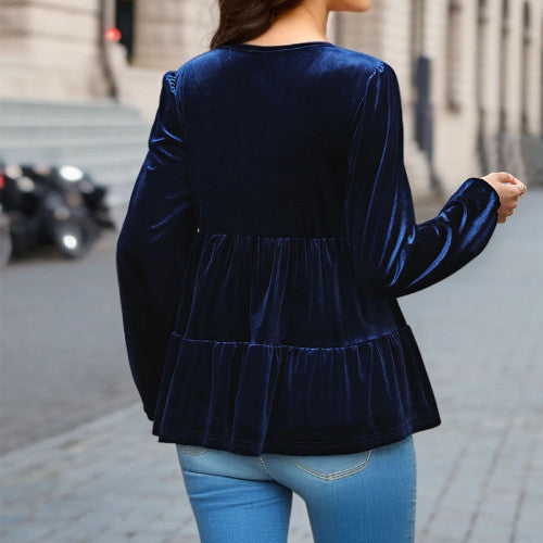Lantern Sleeve Ruffle Hem Velvet Peplum Blouse