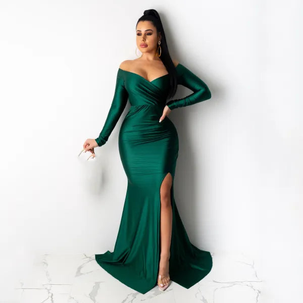 Solid Color Off Shoulder V Neck Split Evening Party Dresses