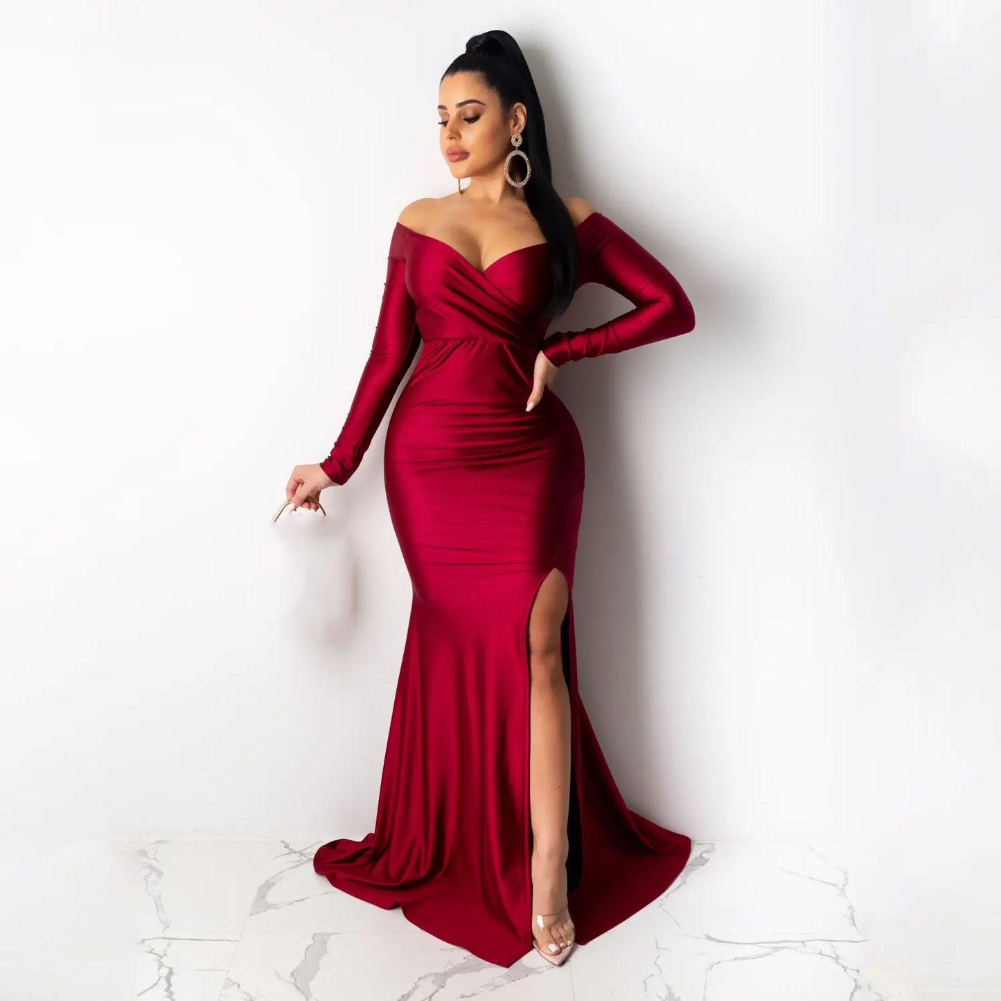 Solid Color Off Shoulder V Neck Split Evening Party Dresses