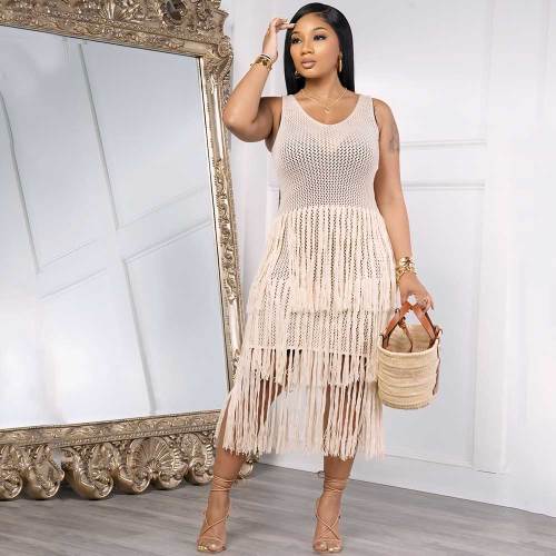 FASHION KNITTED HANDHOOK SLEEVELESS BEACH FRINGE MESH COVER UP DRESS