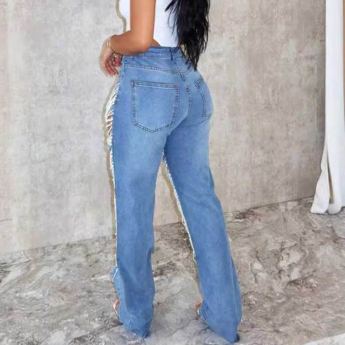 Faux Pearl Chain Hollow Out Denim Jeans