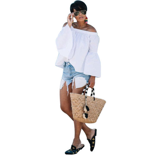 Solid Color Off Shoulder Trumpet Sleeves Loose Top