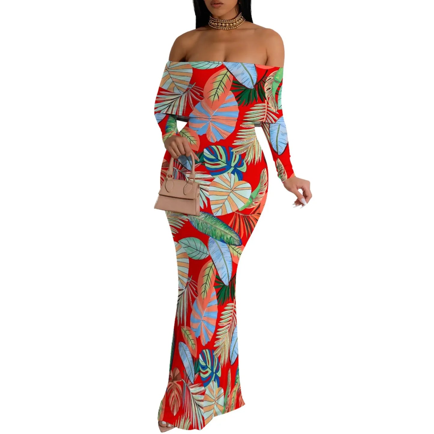 Custom Casual Print Off Shoulder Maxi Dresses