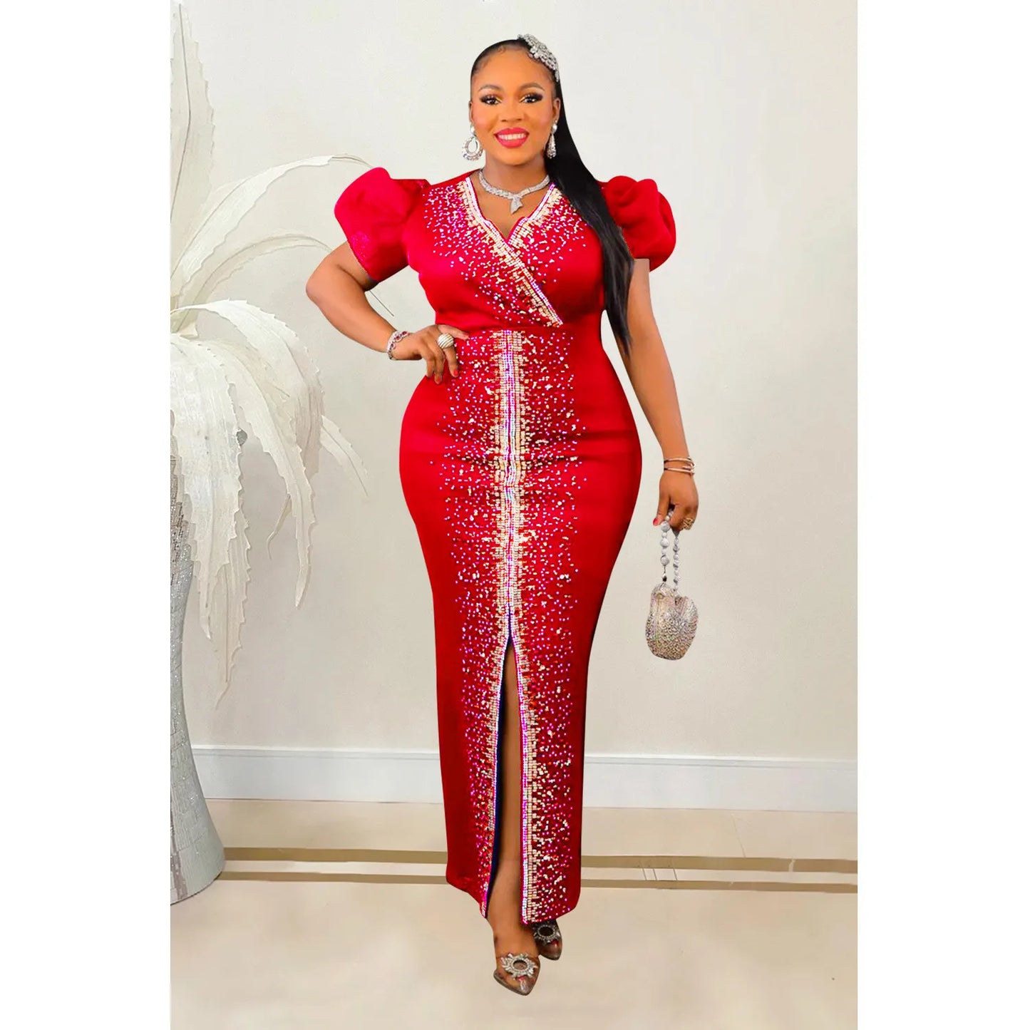 Fashion Beaded Puff Sleeve Elastic V-Neck Maxi Dress
