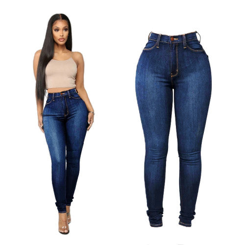 Comfort Washed Pant Denim Plain Elastic Waist Straight-barrel Trousers Jeans
