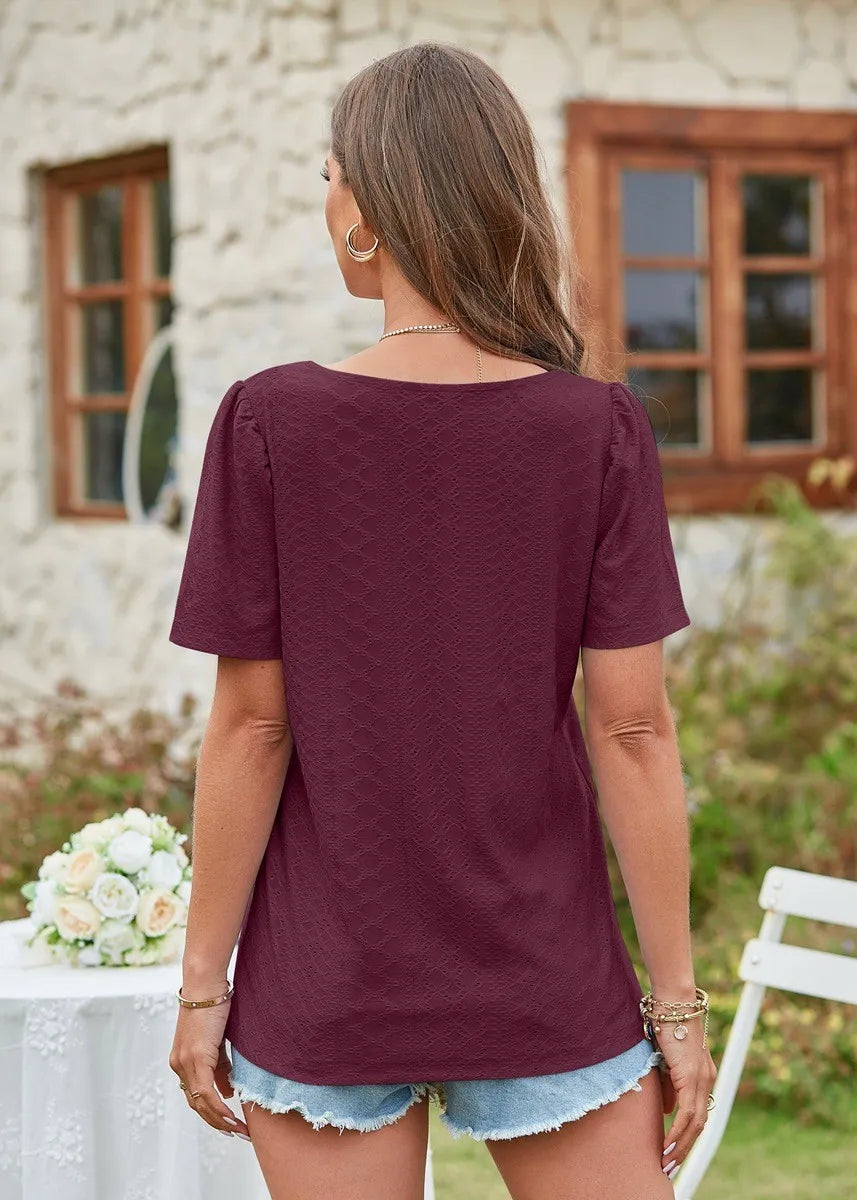 Square Collar T-shirt Hole Short Sleeve Casual Tops