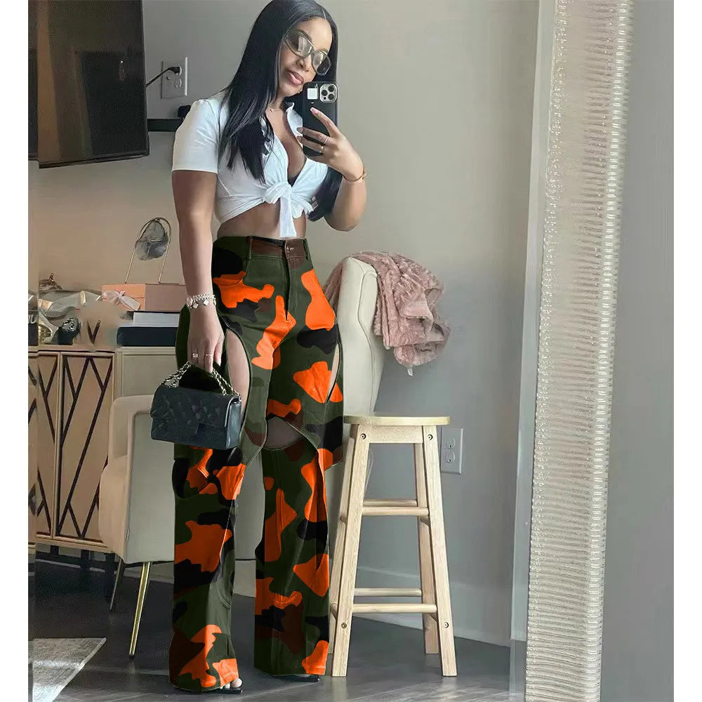 Fashion Digital Printing Hole Cross Workwear Straight Pants