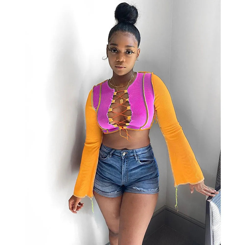 Sexy Contrast Color Stitching Pit Lace-up Crop Top