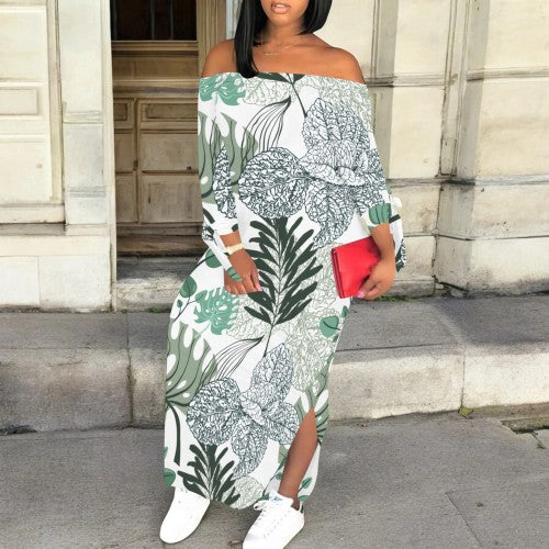 CASUAL PRINT OFF SHOULDER SLIT MAXI DRESSES