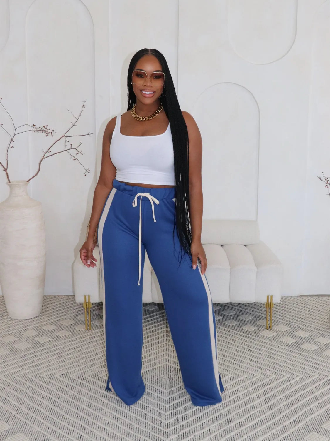 Loose Double Stripe Contrast Color Casual Wide Leg Pants