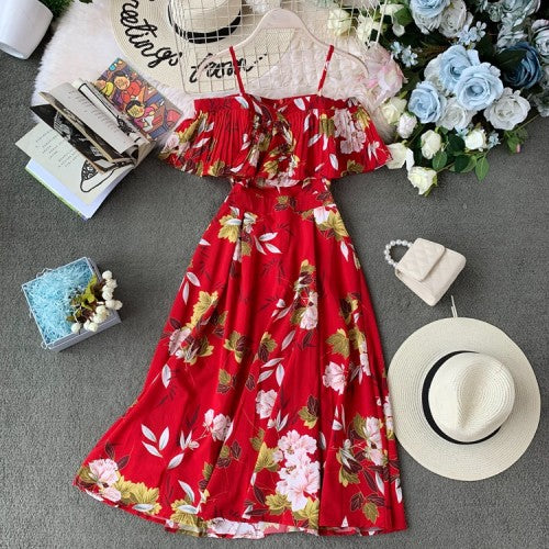 Boho Ruffle Vintage Floral Print Summer Off Shoulder Midi Long Dress Party Women Casual Spaghetti Strap Beach Holiday