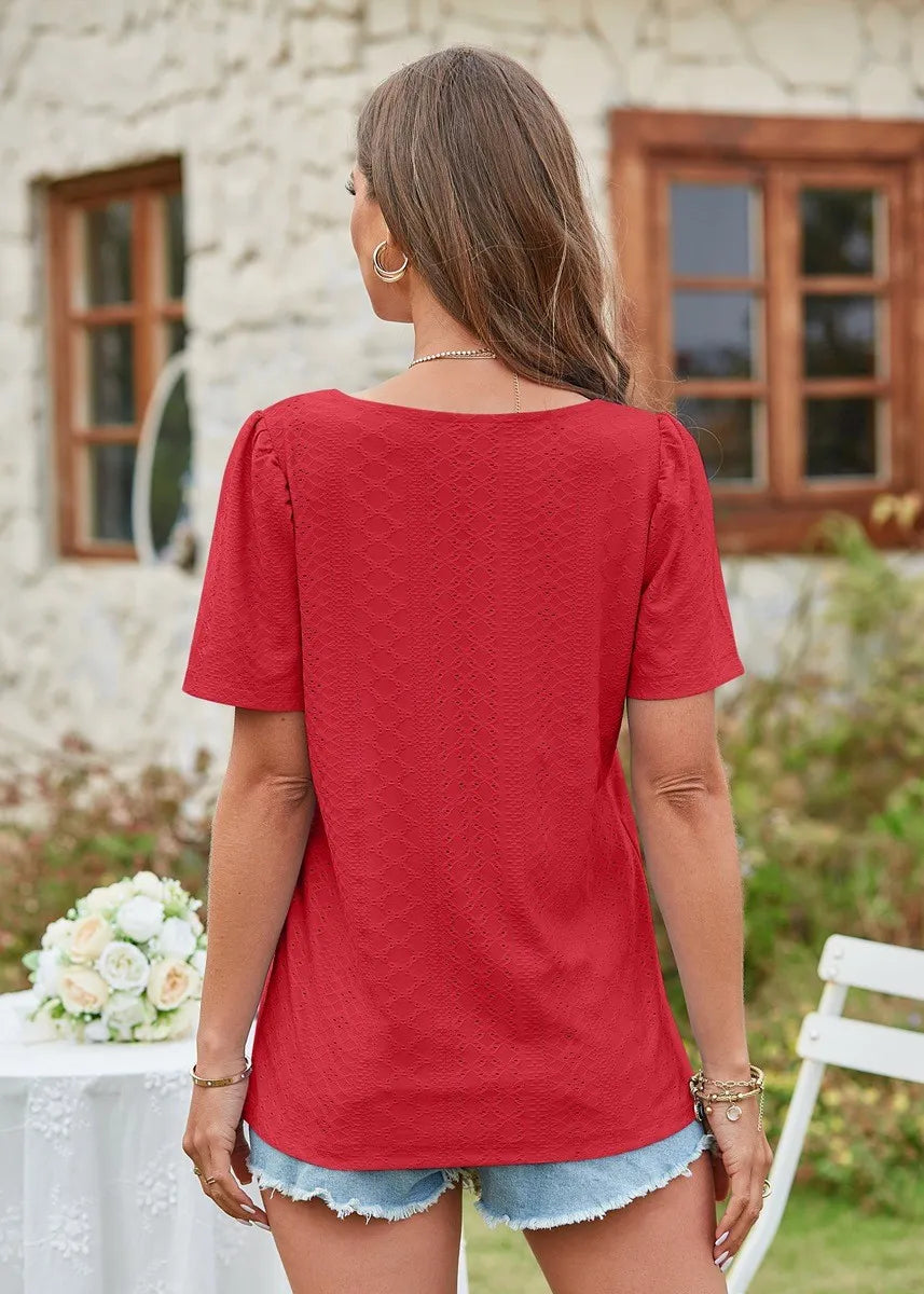 Square Collar T-shirt Hole Short Sleeve Casual Tops
