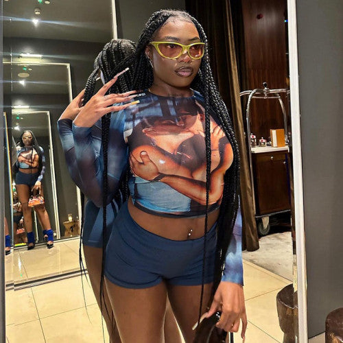 Fashion Round Neck Mesh Digital Print Top