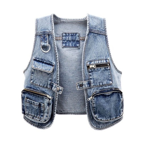 Multi Pocket Denim Cropped Vest