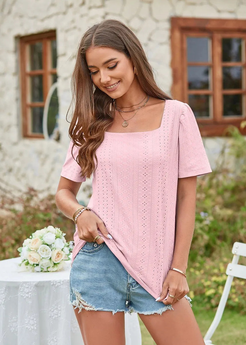 Square Collar T-shirt Hole Short Sleeve Casual Tops