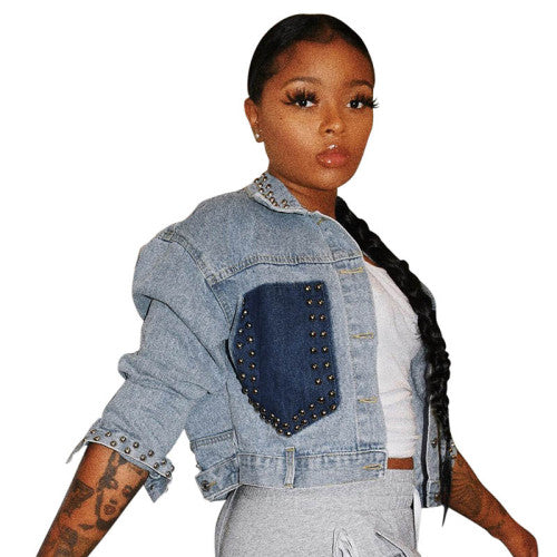 Color Block Short Beaded Denim Jacket