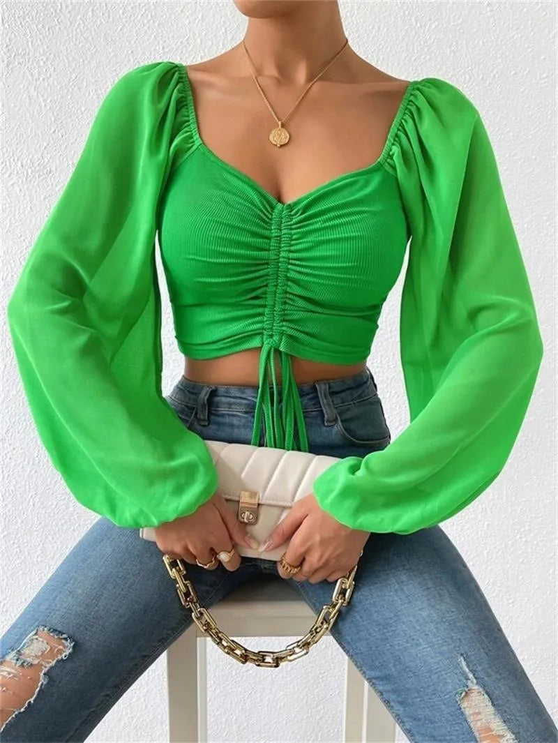 Pit Stitching Chiffon Drawstring Balloon Sleeves Fashion Crop Tops