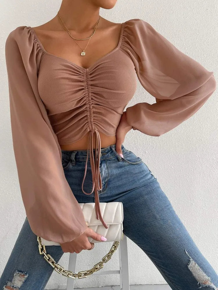 Pit Stitching Chiffon Drawstring Balloon Sleeves Fashion Crop Tops