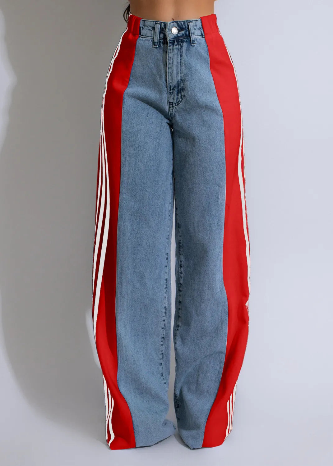 Stripe Splicing Jeans Denim High Waisted Button Straight Trousers