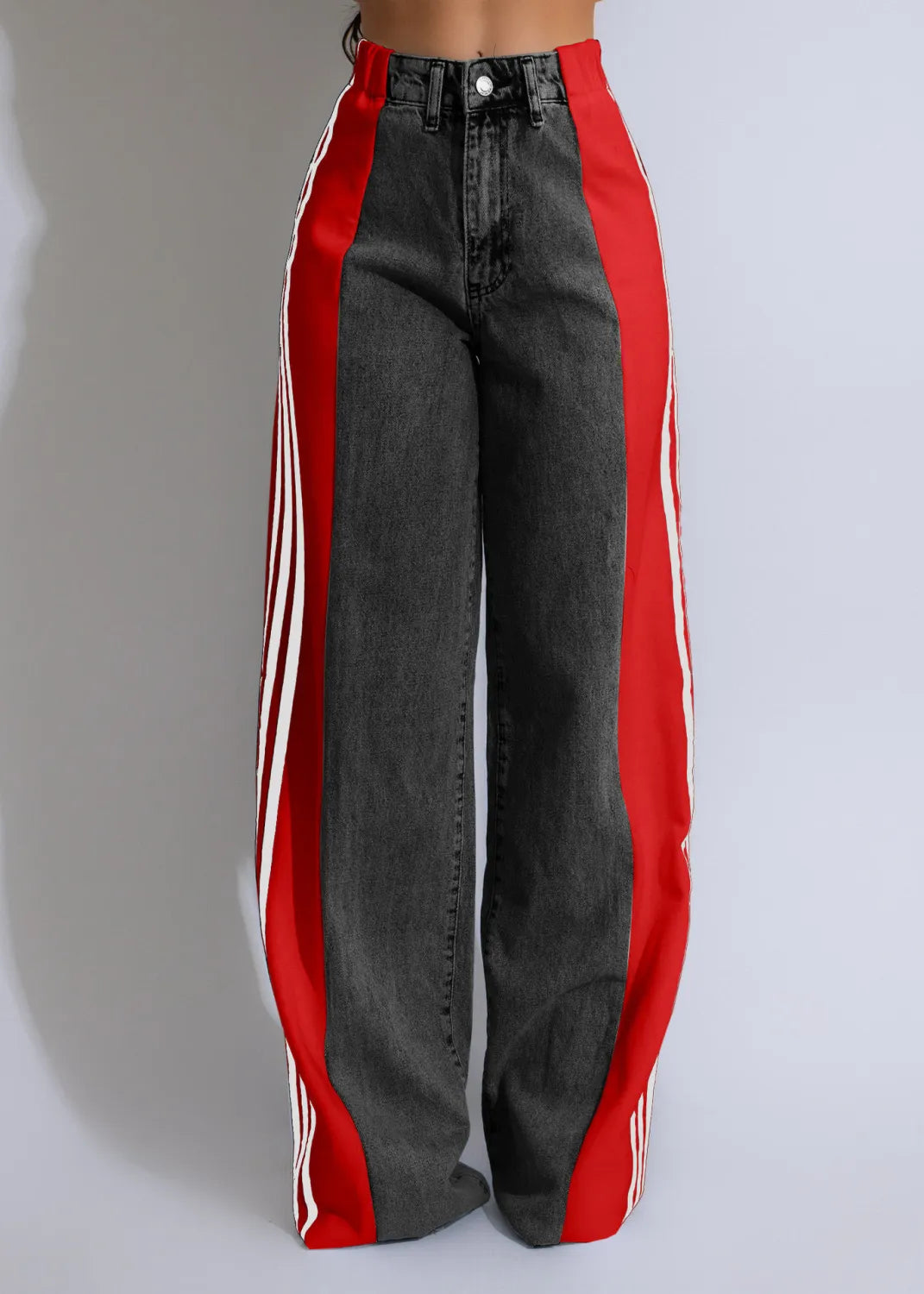 Stripe Splicing Jeans Denim High Waisted Button Straight Trousers