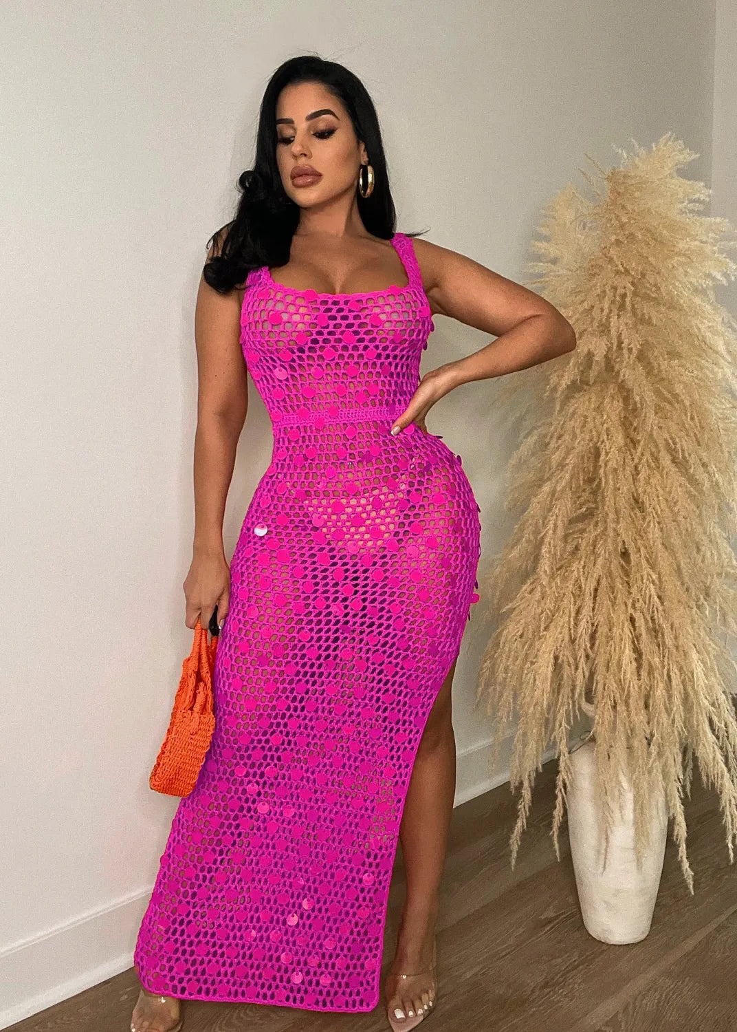 Hand-knitted Casual Hollow Sequined Vest Split Beach Dress