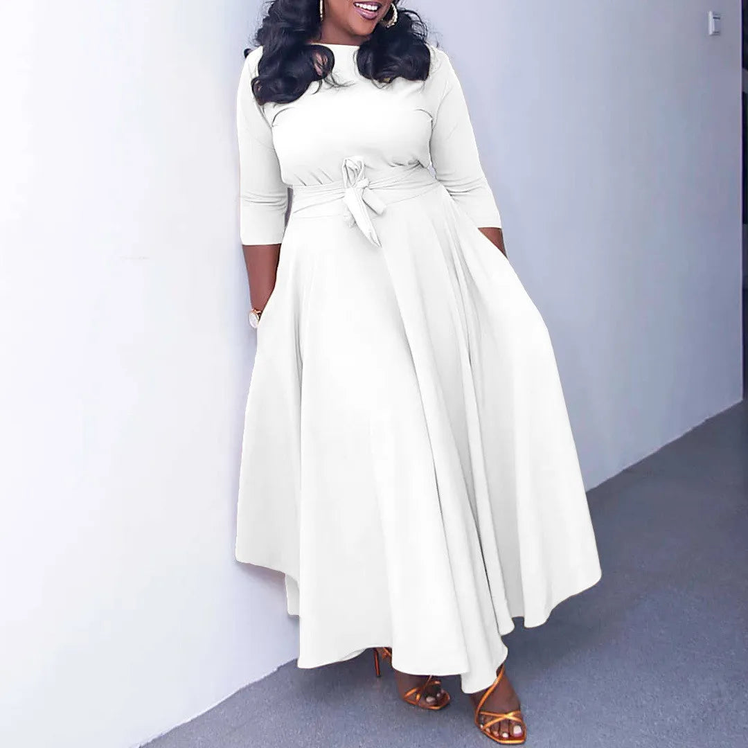 CASUAL AFRICAN ELEGANT LACE-UP LARGE SIZE LONG DRESS ROUND NECK DRESS
