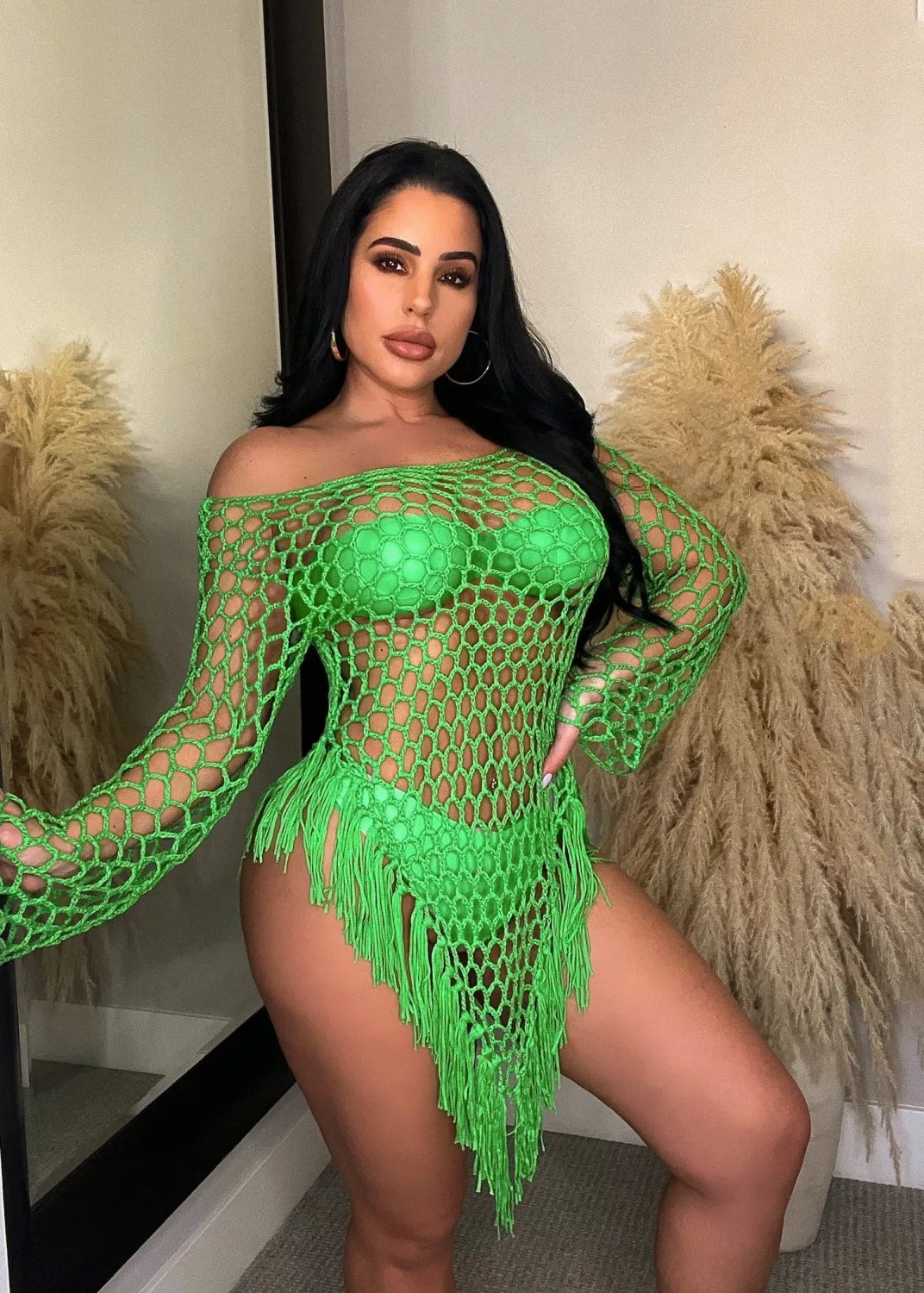 SEXY HAND HOOK TASSEL SEE-THROUGH BEACH DRESS