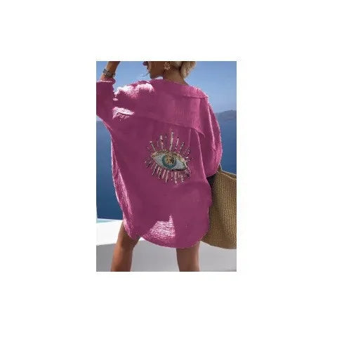 Women's Ladies Evil Eye Button Up Oversized Summer Tunic Shirt Tops