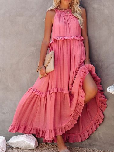 2023 Summer Ruffled Long Dress Amazon Elegant Big Swing Beach Dresses