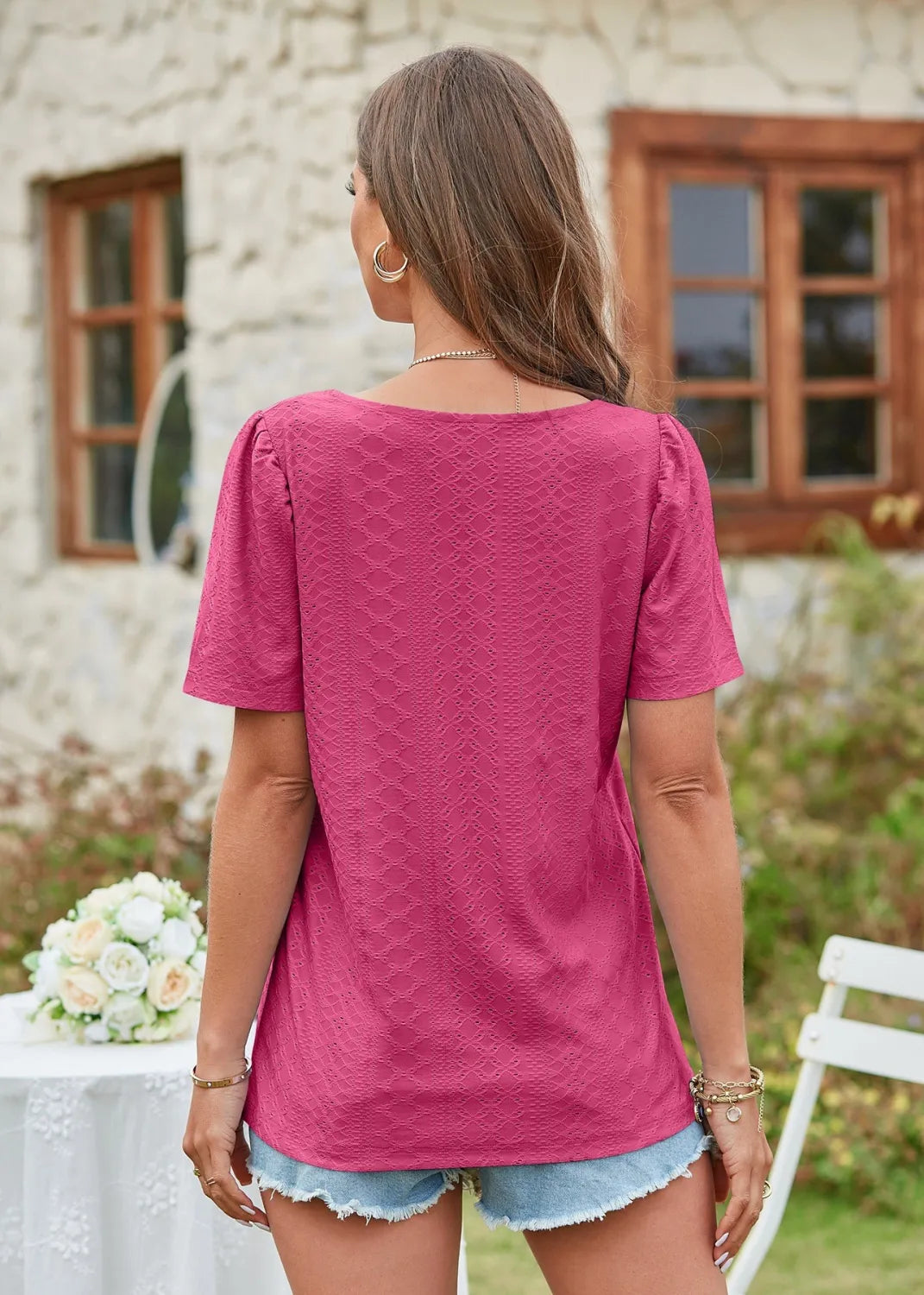 Square Collar T-shirt Hole Short Sleeve Casual Tops