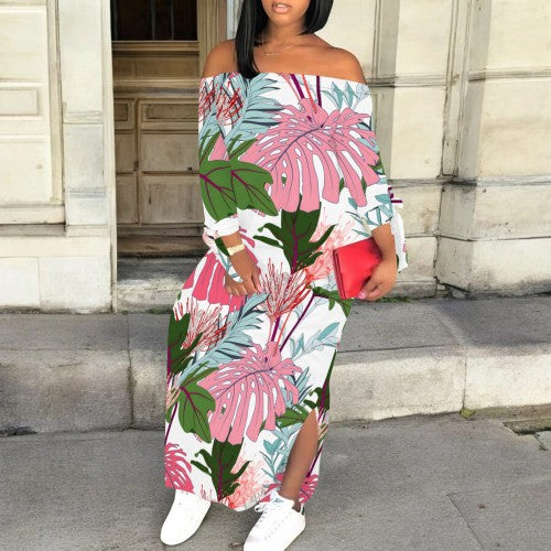 CASUAL PRINT OFF SHOULDER SLIT MAXI DRESSES