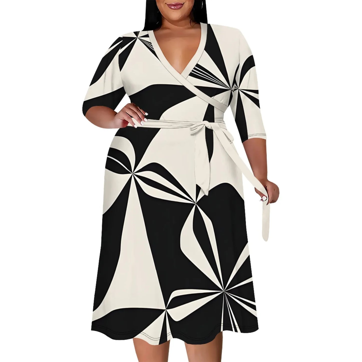 Custom Casual Print V Neck Plus Size Midi Dresses