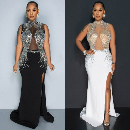 Sexy Party Elegant Formal Patchwork Slit Mesh Hot Drill Half A Turtleneck Asymmetrical Dresses