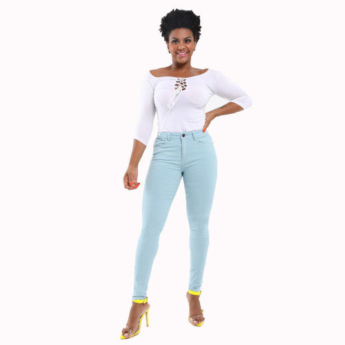 Comfort Washed Pant Denim Plain Elastic Waist Straight-barrel Trousers Jeans