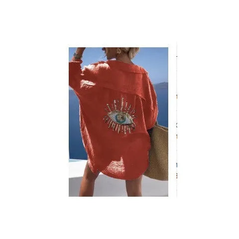 Women's Ladies Evil Eye Button Up Oversized Summer Tunic Shirt Tops