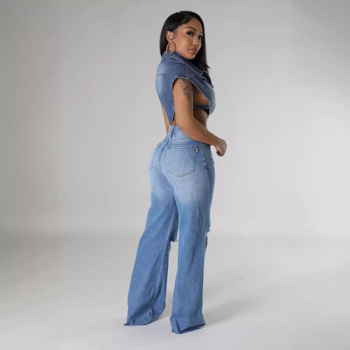 Fashion High Waist Ripped Wide Leg Jeans