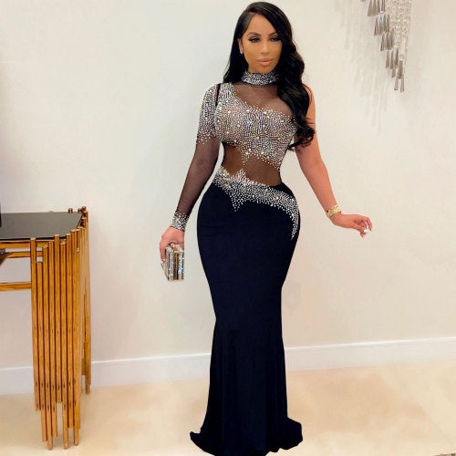 Plus Size Hot Drilling Mesh Long Gowns Formal Party Wear Evening Dresses