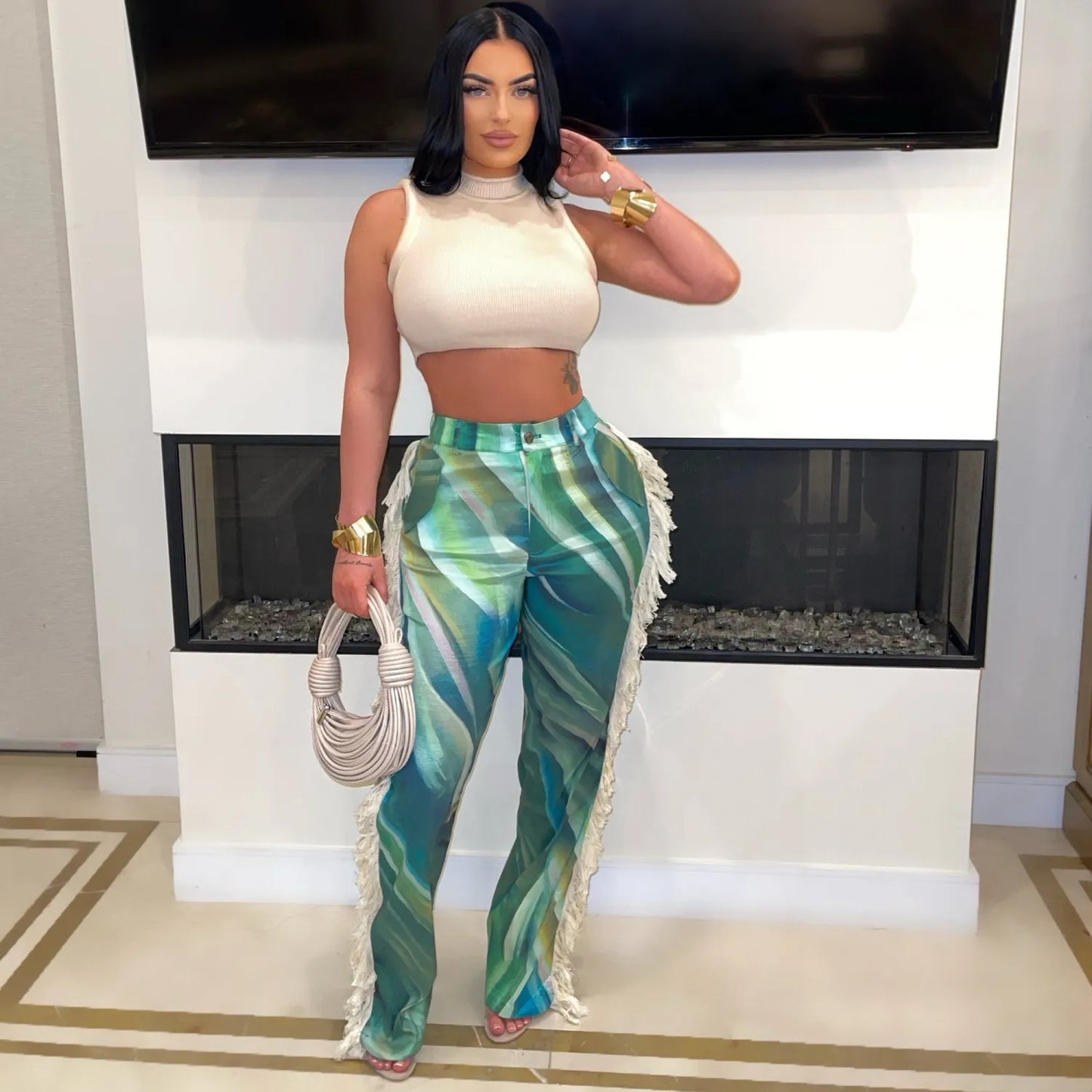 Women's Fashion Printed Tassel Straight Casual Pants Ladies Trousers