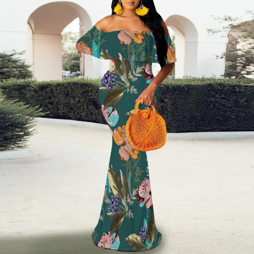 Casual Print Off Shoulder Maxi Dresses