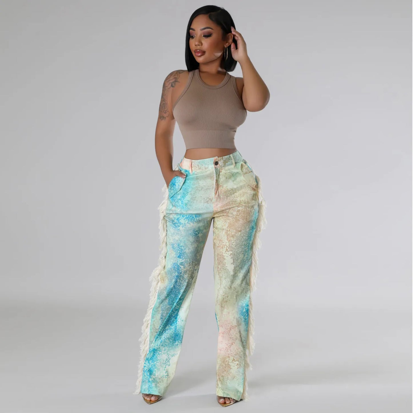 Women's Fashion Printed Tassel Straight Casual Pants Ladies Trousers