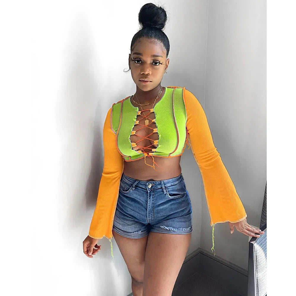 Sexy Contrast Color Stitching Pit Lace-up Crop Top