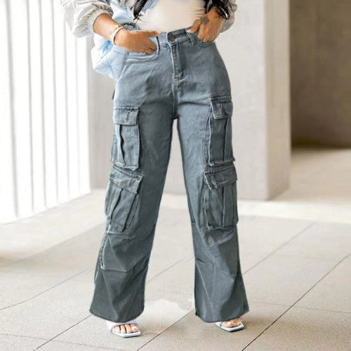 Solid Washed Patchwork Pocket High Waist Wide Leg Denim Jeans